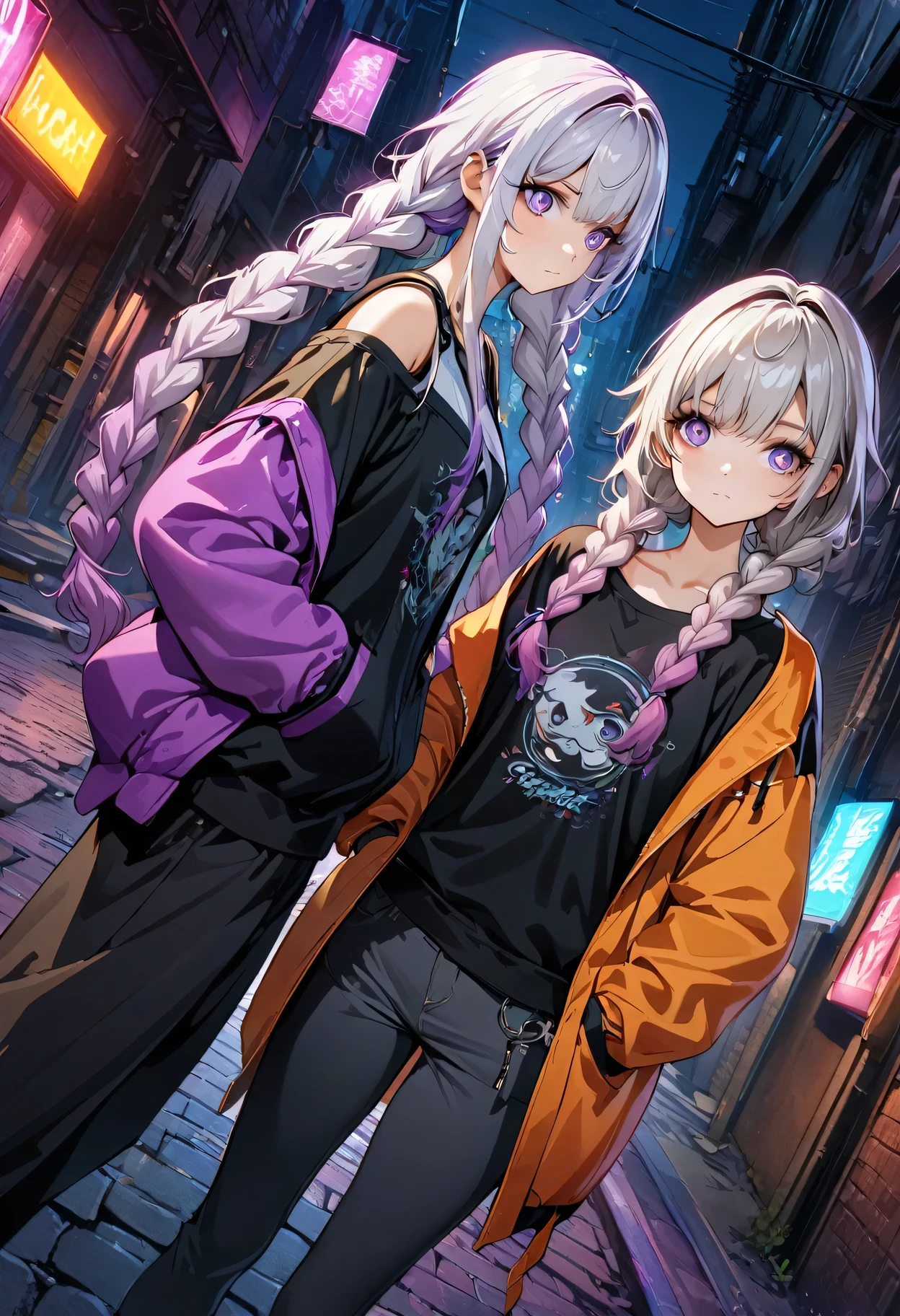 (((8k wallpaper，Extremely detailed CG :1.2, masterpiece, High resolution:1.2, Top quality:1.2))),A short haired boy and girl staring at each other,  (( yinji, purple hair, purple eyes, long hair, white hair, double braids, gradient hair , Hands in pockets:1.8, Street Fashion:1.2, Wearing a colorful coat:1.2)), ( Off-shoulder), ((Empty alleys, night, Neon Street)), (High Angle)