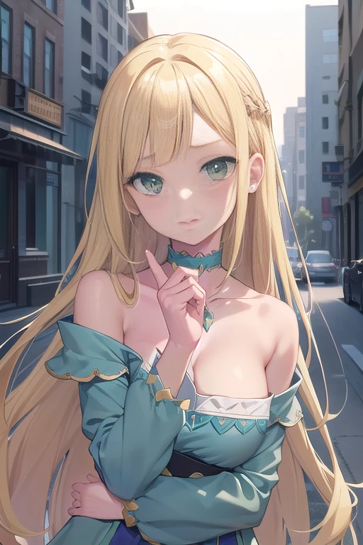 Blonde Hair, choker, (Green Eyes:1.5), Long Hair,
break bare shoulders, Blue footwear, blush, blush stickers, Cleavage, clavicle, Duel Monsters, have, Off the shoulder, Pentacles, wizard have, (Blue clothes:1.5),
break looking at viewer,
break outdoors, city,
break (masterpiece:1.2), highest quality, High resolution, unity 8k wallpaper, (shape:0.8), (Beautiful details:1.6), Highly detailed face, Perfect lighting, Extremely detailed CG, (Perfect hands, Perfect Anatomy),