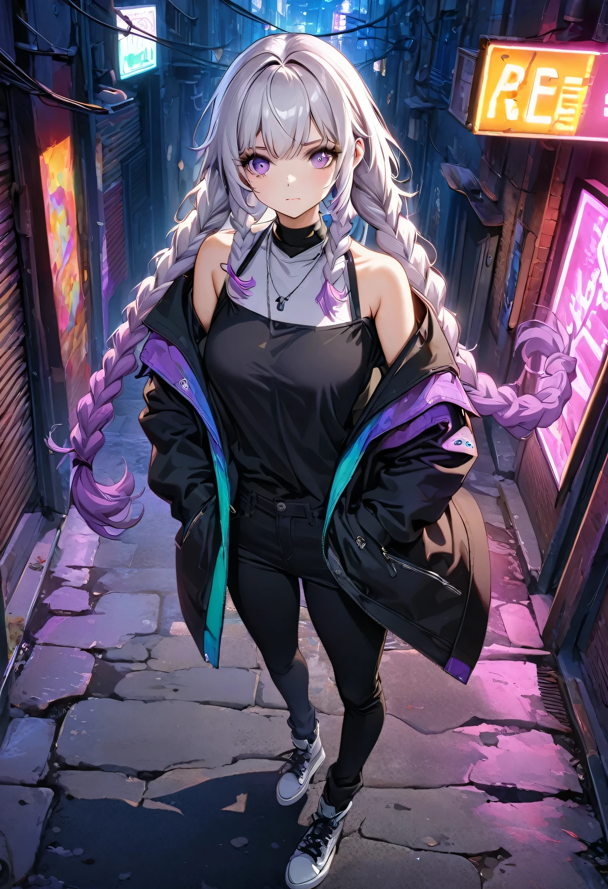 (((8k wallpaper，Extremely detailed CG :1.2, masterpiece, High resolution:1.2, Top quality:1.2))),A short haired boy and girl staring at each other,  (( yinji, purple hair, purple eyes, long hair, white hair, double braids, gradient hair , Hands in pockets:1.8, Street Fashion:1.2, Wearing a colorful coat:1.2)), ( Off-shoulder), ((Empty alleys, night, Neon Street)), (High Angle)
