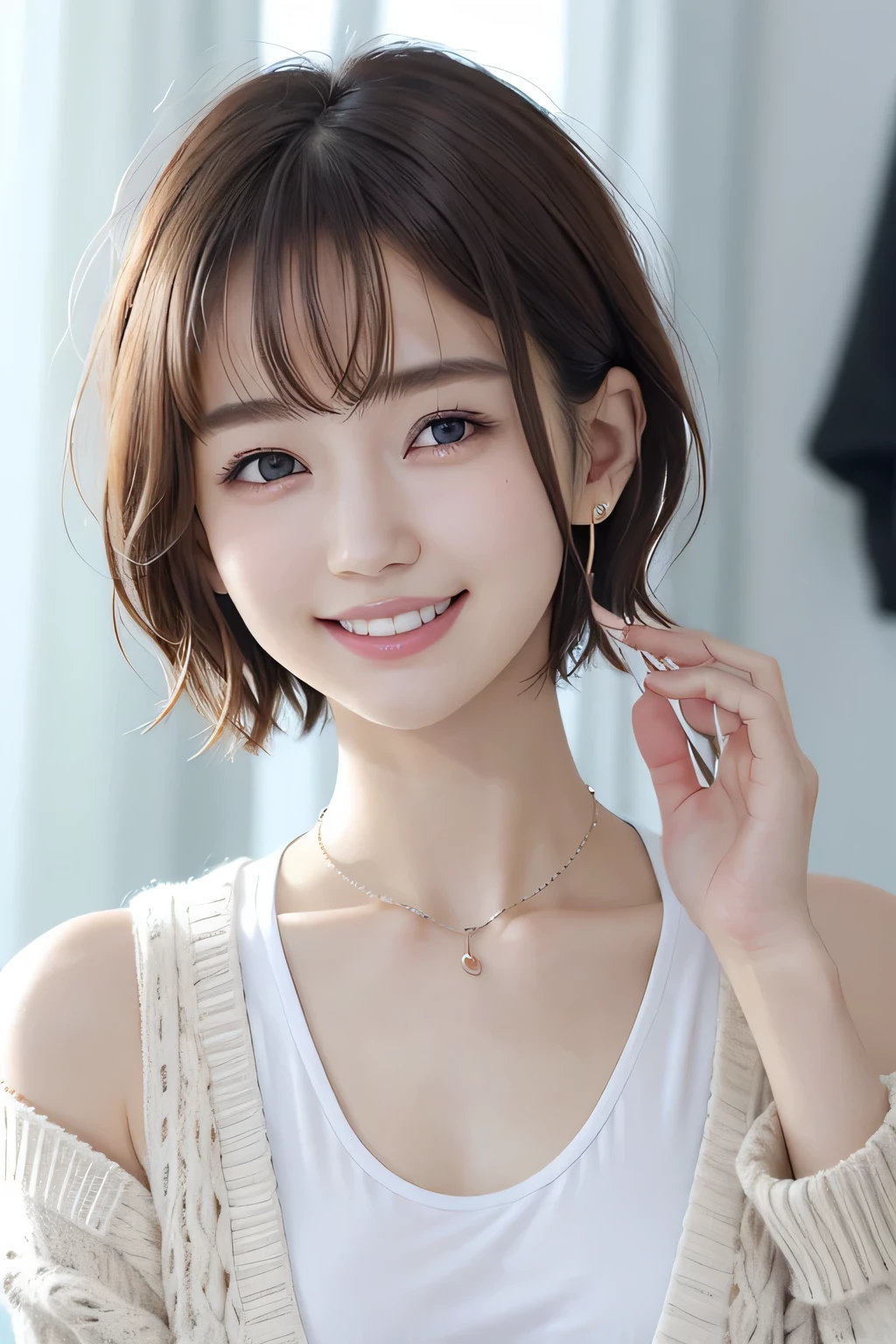 205 ((short hair)), 20-year-old female, In underwear、Put a cardigan over your shoulders、 A refreshing smile、Beautiful teeth alignment、Dark eyeliner、Dark brown hair、ear piercing、Necklace around the neck、Looking at the camera