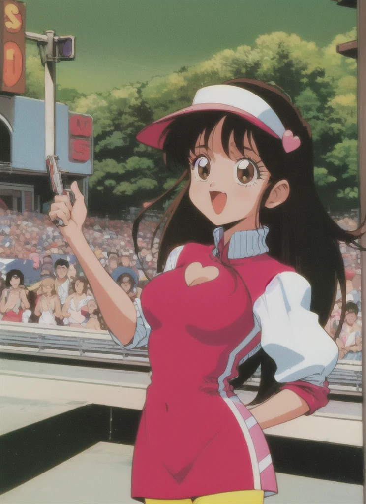 asusugodr, 1girl, solo, visor cap, heart, hair ornament, jacket, dress, pantyhose, retro artstyle, open mouth, 1990s (style), looking at viewer, smile, outdoors, sky, cowboy shot, cleavage cutout, Race Queen Panty Shot