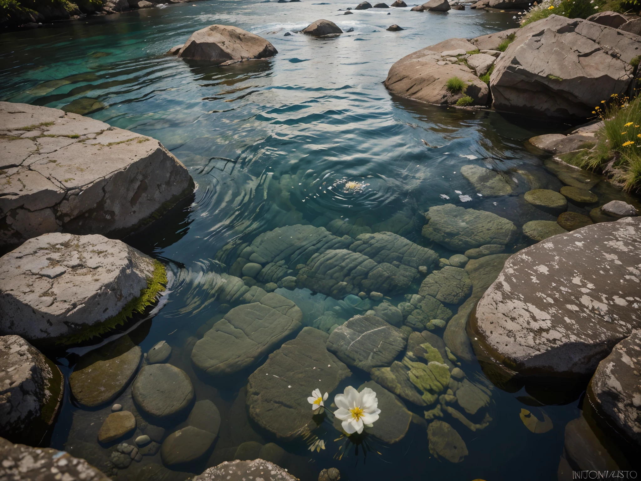 Still waters of a river running over rocks, Some Flowers Are Under Water Creating A Commercial Photography Composition, visto de cima, Visual refrescante, fotografia comercial, Fotografado com uma Canon EOS 1D, sigma lens 34mm, Ultra realismo, luz de cinema, 8k