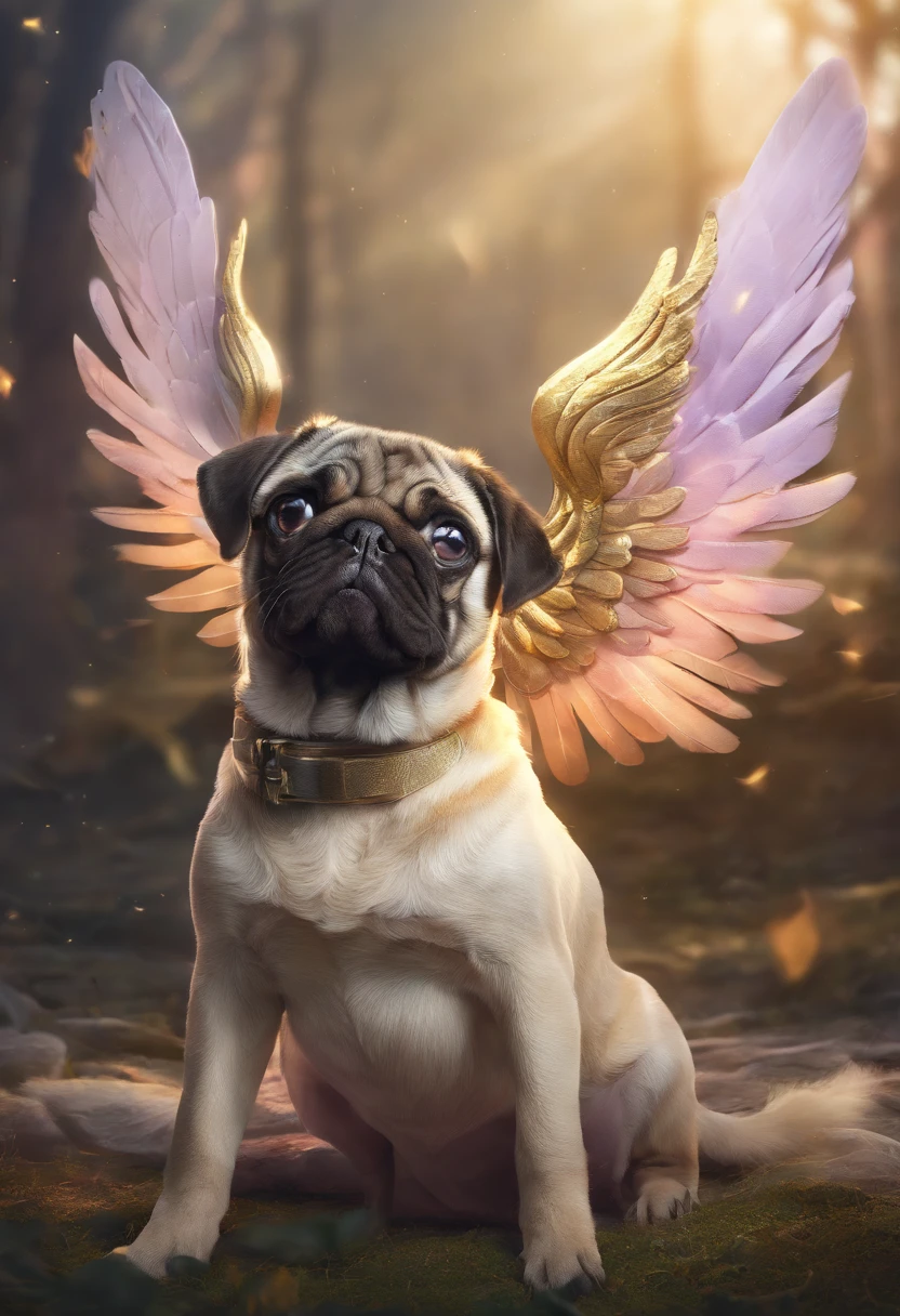 a pug dog with angel wings, 1 pug dog, cute pug puppy, adorable pug puppies, pug dog with angelic wings, pug dog surrounded by angelic pug puppies, highly detailed, 4k, 8k, photorealistic, hyper realistic, realistic lighting, vibrant colors, soft lighting, cinematic, masterpiece, award winning, intricate details, studio quality