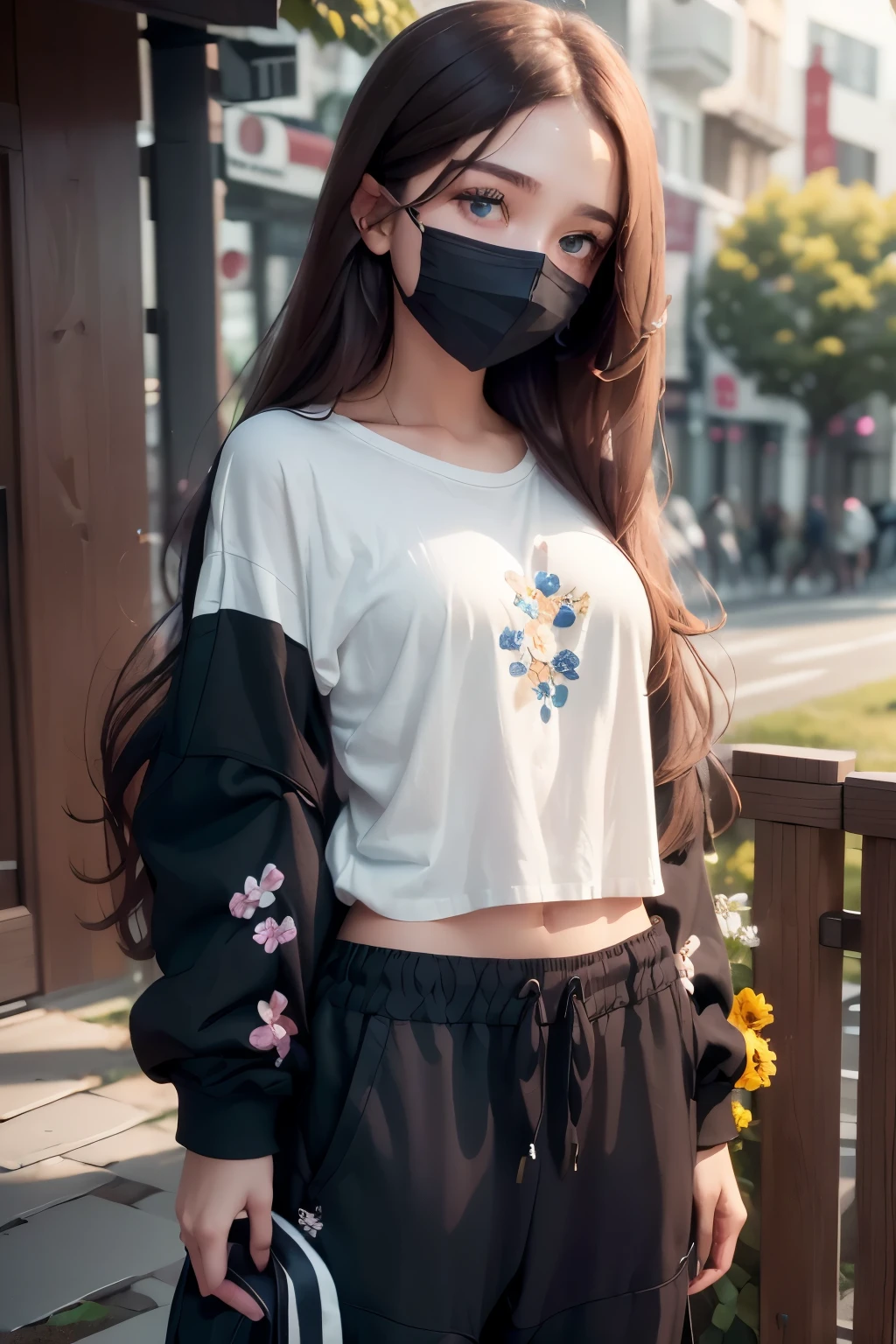 attractive woman with (long brown hair, blue eyes, no bangs), (white t-shirt with flowers, black sweatpants), (watch on right hand, detailed blue mask)