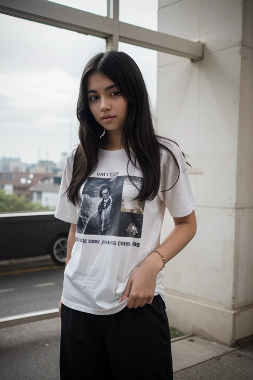 a 13 year old girl with straight black hair wearing baggy pants