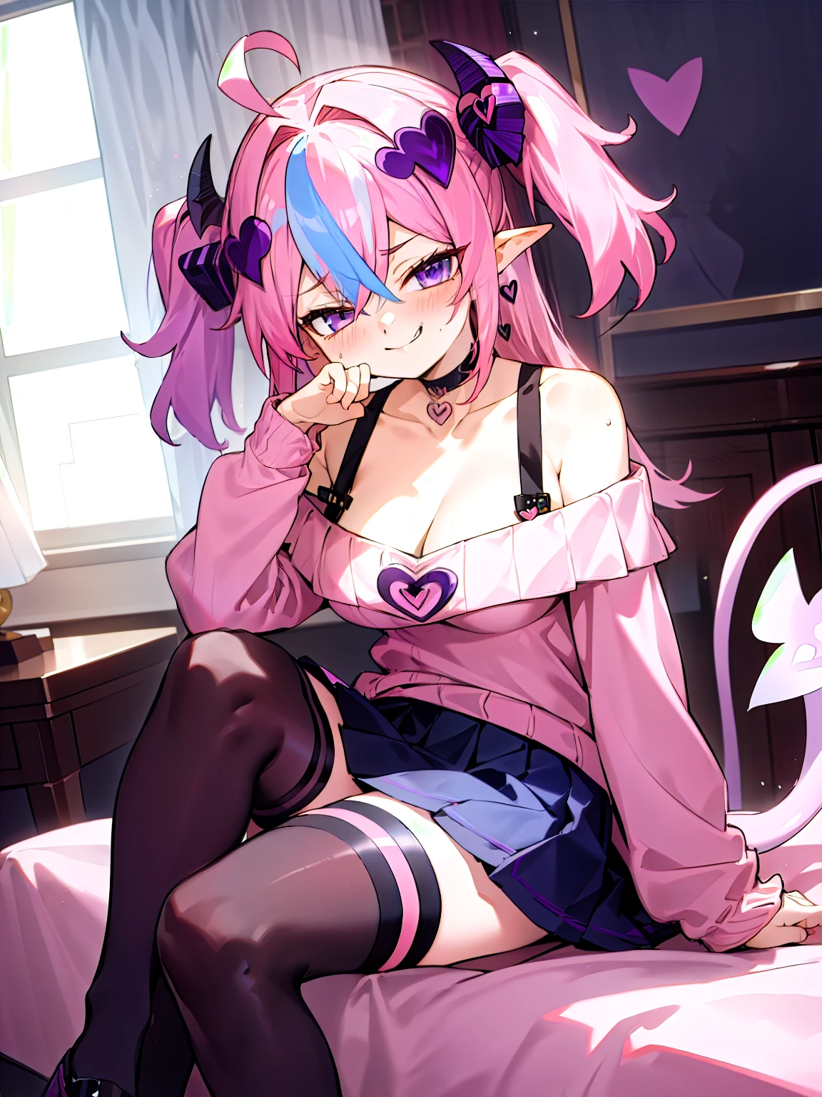 ironmouse, pink hair, streaked hair, two side up, long hair, purple eyes, demon tail, demon horns, choker, heart ahoge, heart hair ornament, off shoulder, long sleeves, pleated skirt, thighhighs, thigh strap, pink sweater, large breasts, cleavage, sitting, smirk, smug, clenched hand, masterpiece, best quality