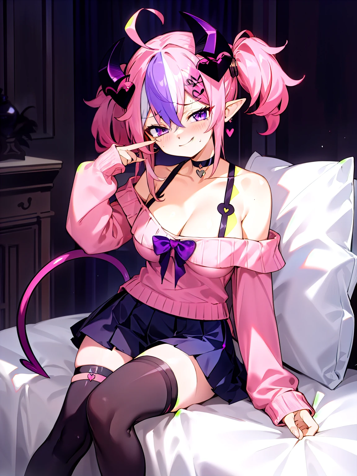 ironmouse, pink hair, streaked hair, two side up, long hair, purple eyes, demon tail, demon horns, choker, heart ahoge, heart hair ornament, off shoulder, long sleeves, pleated skirt, thighhighs, thigh strap, pink sweater, large breasts, cleavage, sitting, smirk, smug, clenched hand, masterpiece, best quality