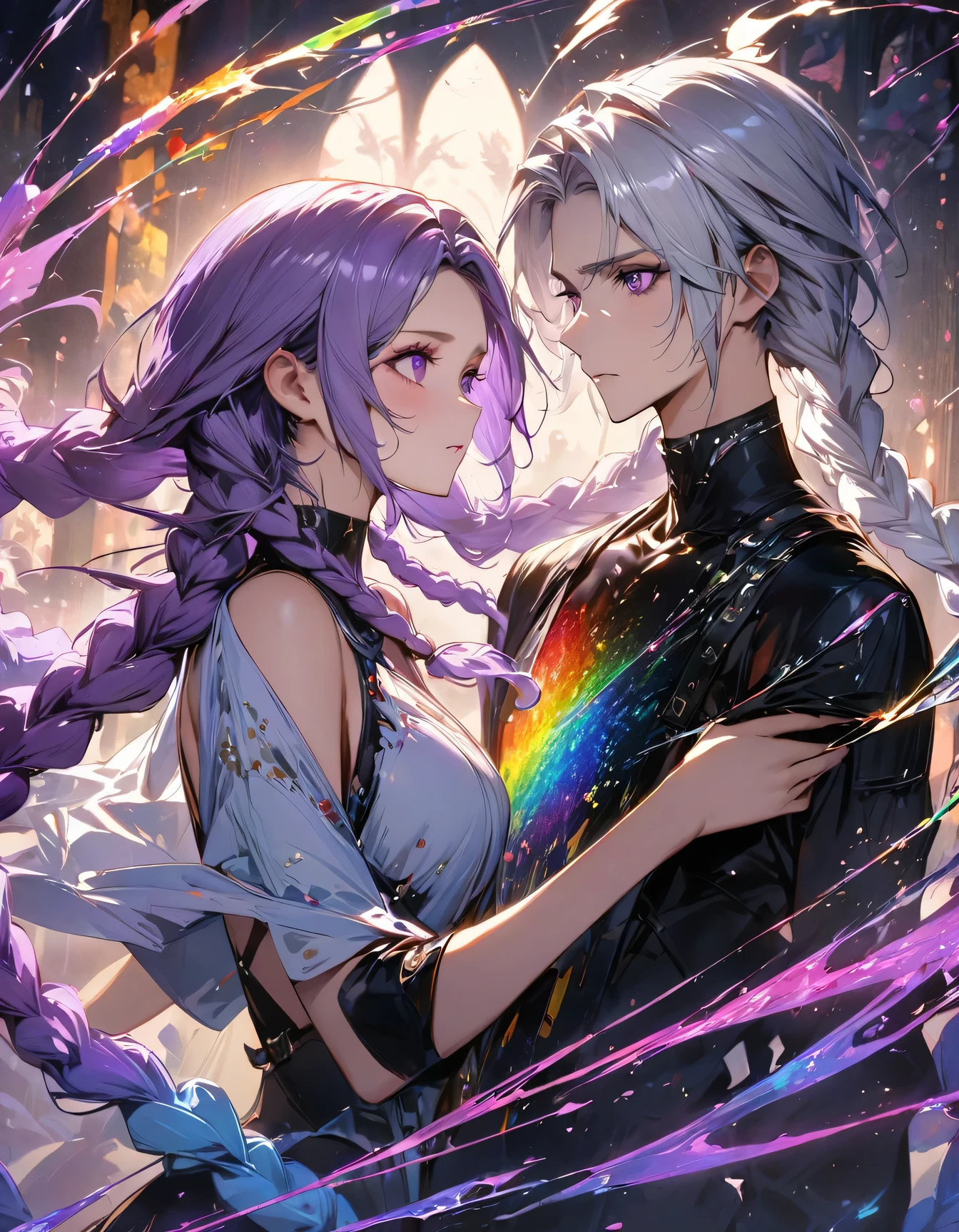 A couple of lovers boy and girl staring at each other, yinji, purple hair, purple eyes, long hair, white hair, double braids, gradient hair,Capturing the wind with liquid ink，Thawing into a whirlwind of pointillism, Traverse the spectrum of multiple random colors, 4k concept art, Extreme details, complicated, luminous canvas, kinetic, Dynamic, Sharp glossy focus, create a perfect female face with complicated detail, Gorgeous, best quality, masterpiece