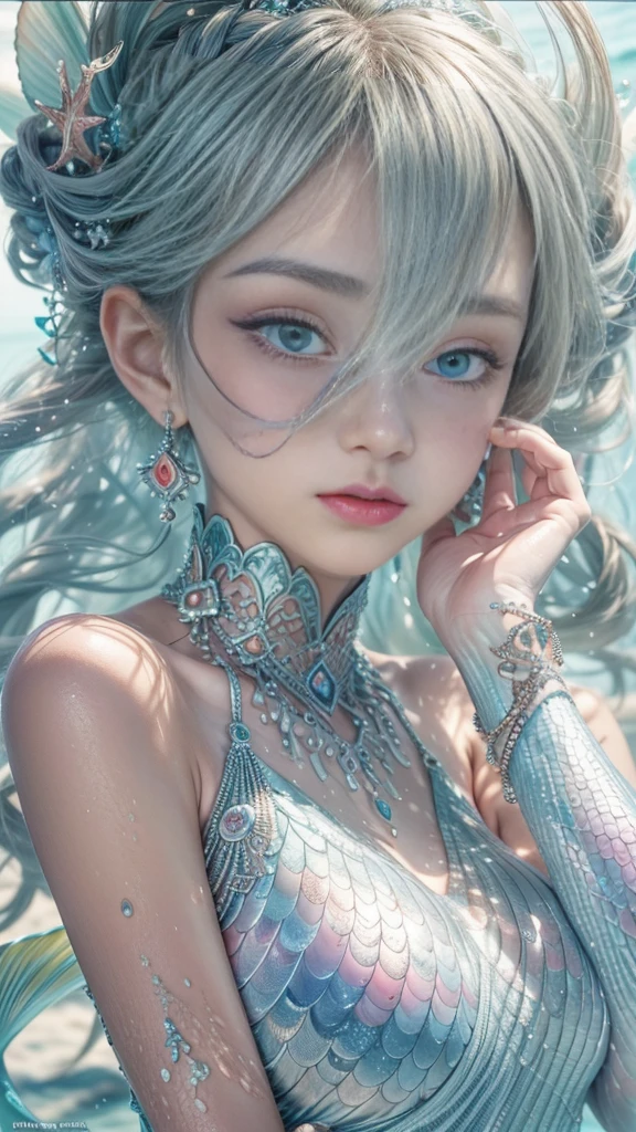 Low Teen Girl, 10 years old, Dragon Princess, （Highest quality real textured skin),(Abysmal),(Are you okay, round, Symmetrical eyes),Delicate facial features,(Burning bright cold eyes), She has beautiful tiger eyes, Very slim and slender figure, naked, nude, (She has a mischievous smile),(Her face is kind and beautiful),Glass earrings in the ears,,(Blonde),(Silvery white hair),(Chestnut Hair),(Swim at the bottom of the ocean)，(Full body portrait:1.5),(Dramatic Photos:1.4),(Dramatic Pose),(Flashy photos)(Look up),(Look down),(Around her neck is a simple necklace made with exquisite craftsmanship.),Cluttered picture，(Hair flowing in the water:1.5),(In the water, Life at sea, 美しいCoral Reef, fish),(Background vortices and currents),(Dramatic Light),(Nice views),(Surrounded by beautiful dragons),遠くの背景にはCoral Reefに沈んだ寺院が見える,Coral Reef,Spectacular realism,Cinematic feel,(High-density image review:1.5),(Soft colors:1.2),Super detailed,Dramatic Light,(Intricate details:1.1),Complex background,