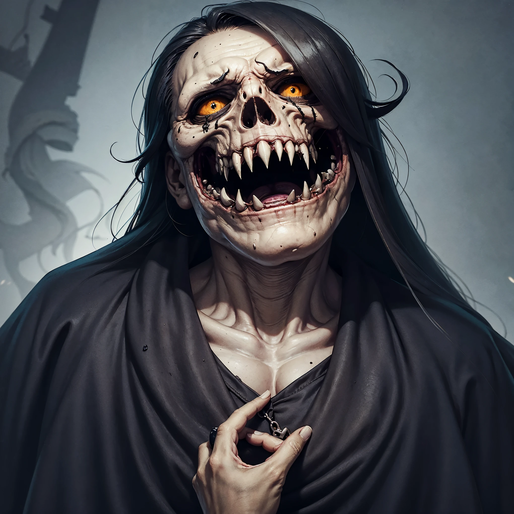 Grey skinned ghoul, long dark messy grey hair, sick, blood from mouth, torn face, sharp jagged teeth, thin bat nose, long pointed ears, angry, scales on nose bridge, flesh and bone, horror art, sunken face