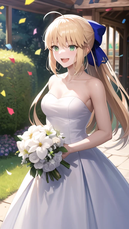 masterpiece, best quality, highres, Artoria Caste, long hair, ahoge, hair bow, green eyes, wedding dress, white dress, strapless, garden, smile, open mouth, confetti, holding bouquet, standing, cowboy shot,