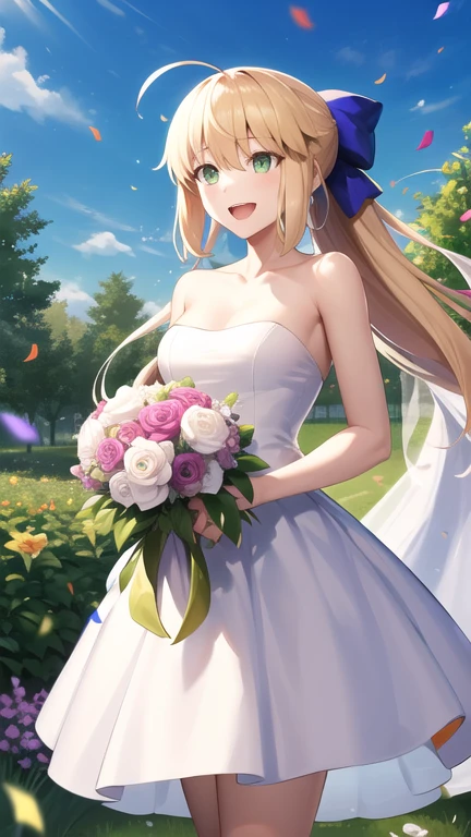 masterpiece, best quality, highres, Artoria Caste, long hair, ahoge, hair bow, green eyes, wedding dress, white dress, strapless, garden, smile, open mouth, confetti, holding bouquet, standing, cowboy shot,