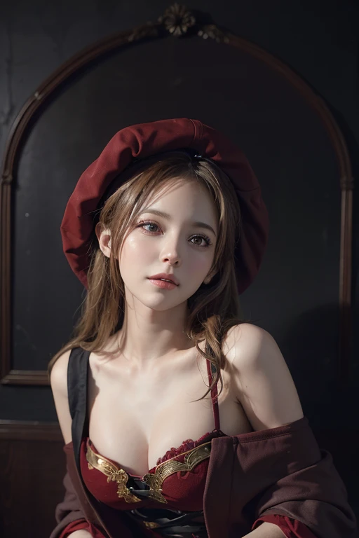 (front focus), (in the dark:1.6), Hyperrealist portrait of female by david hockney and alphonse mucha, fantasy art, photo realistic, dynamic lighting, artstation, poster, volumetric lighting, very detailed faces, 4 k, award winning, 1girl, in the dark, deep shadow, low key, cowboy shot, (official clothing:1.4), long hair, blond woman in a red hoodie and black corset posing for a picture, off shoulder, a portrait inspired by Magali Villeneuve, tumblr, renaissance, thief maroon riding hood, maroon hood cosplay, anime girl cosplay, dressed in a beautiful maroon cloak, maroon hooded mage, maroon riding hood, dark red, maroon dress and magic witch hat, maroon and black cape and hoodie
