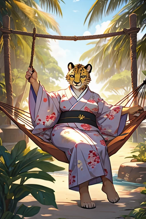 Fat female cheetah, hammock, kimono, silver jewelry