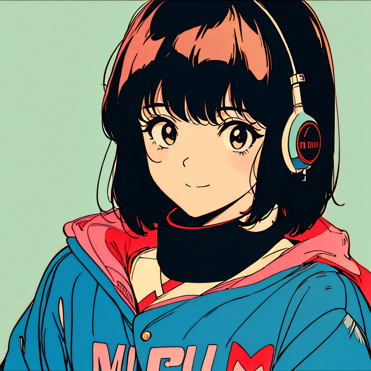 master piece, City Pop style, Black Hair, Japanese, fluffy bob cut, wearing headphones, shoulder length, single person, alone, Futuristic, yet, lofi, retro, vintage, light smile