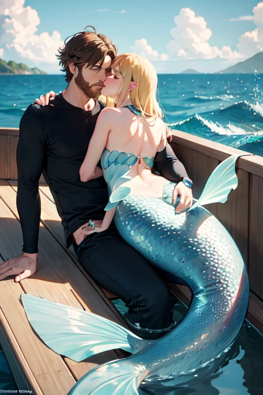a mermaid girl with a guy, he's human. They kissing on the lips on the boat, The mermaid girl's fin tail is bright blue, and her hair is blonde. While the human guy's have is brown hair, and bearded a little bit. They're on the boat. Human man is not a mermaid, but he is a human with two legs ((Best quality))