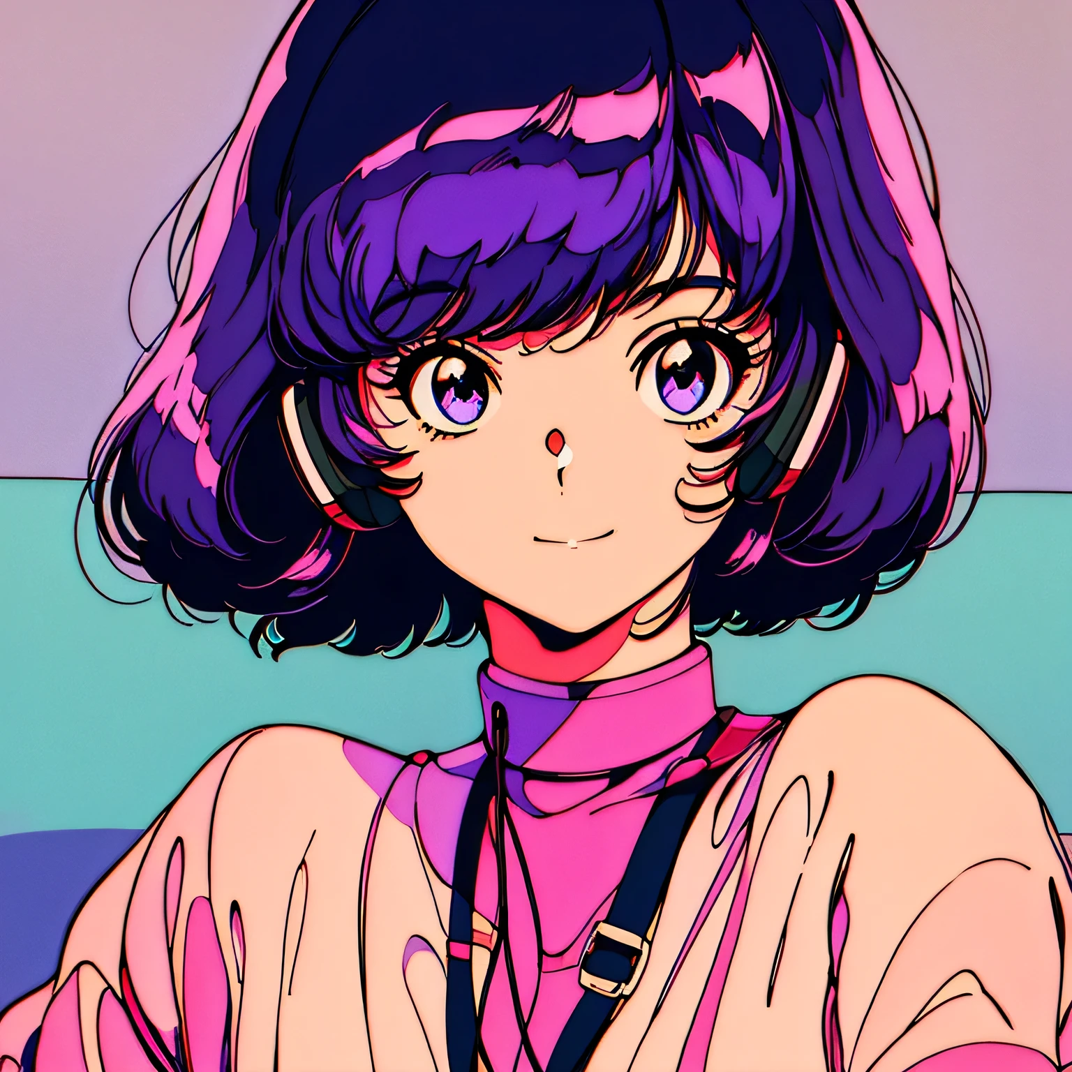 master piece, City Pop style, Purple Hair, Japanese, fluffy bob cut, wearing headphones, shoulder length, single person, alone, Futuristic, yet, lofi, retro, vintage, light smile