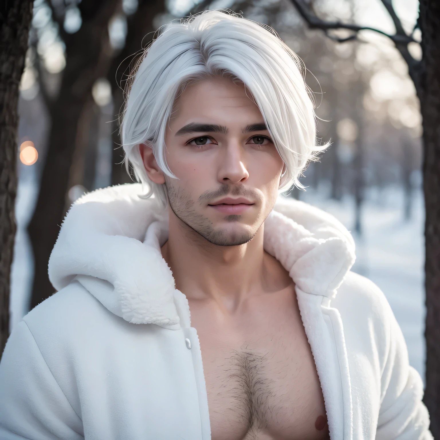 Men, white hair, portrait, winter, super detailed, hair chest