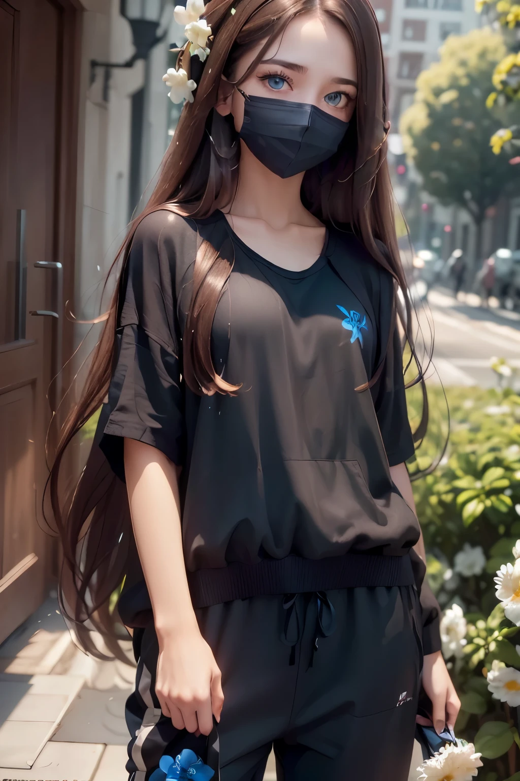 attractive woman with (long brown hair, blue eyes, no bangs), (white t-shirt with flowers, black sweatpants), (watch on right hand, detailed blue mask)