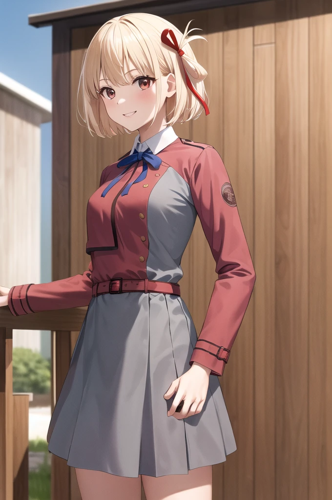 masterpiece, highest quality, High resolution, Achisato, short hair, Hair Ribbon, chest, Neck ribbon, Collared shirt, Uniform sake, Two-tone dress, Red dress, Grey Dress, Long sleeve, Red Belt, Are standing, Cowboy Shot, Outdoor, smile