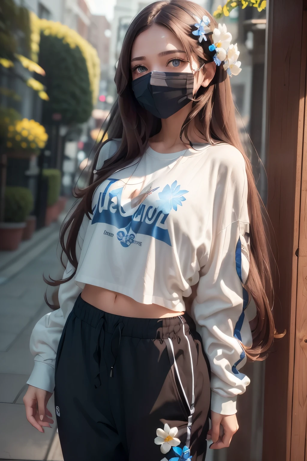 attractive woman with (long brown hair, blue eyes, no bangs), (white t-shirt with flowers, black sweatpants), (watch on right hand, detailed blue mask)