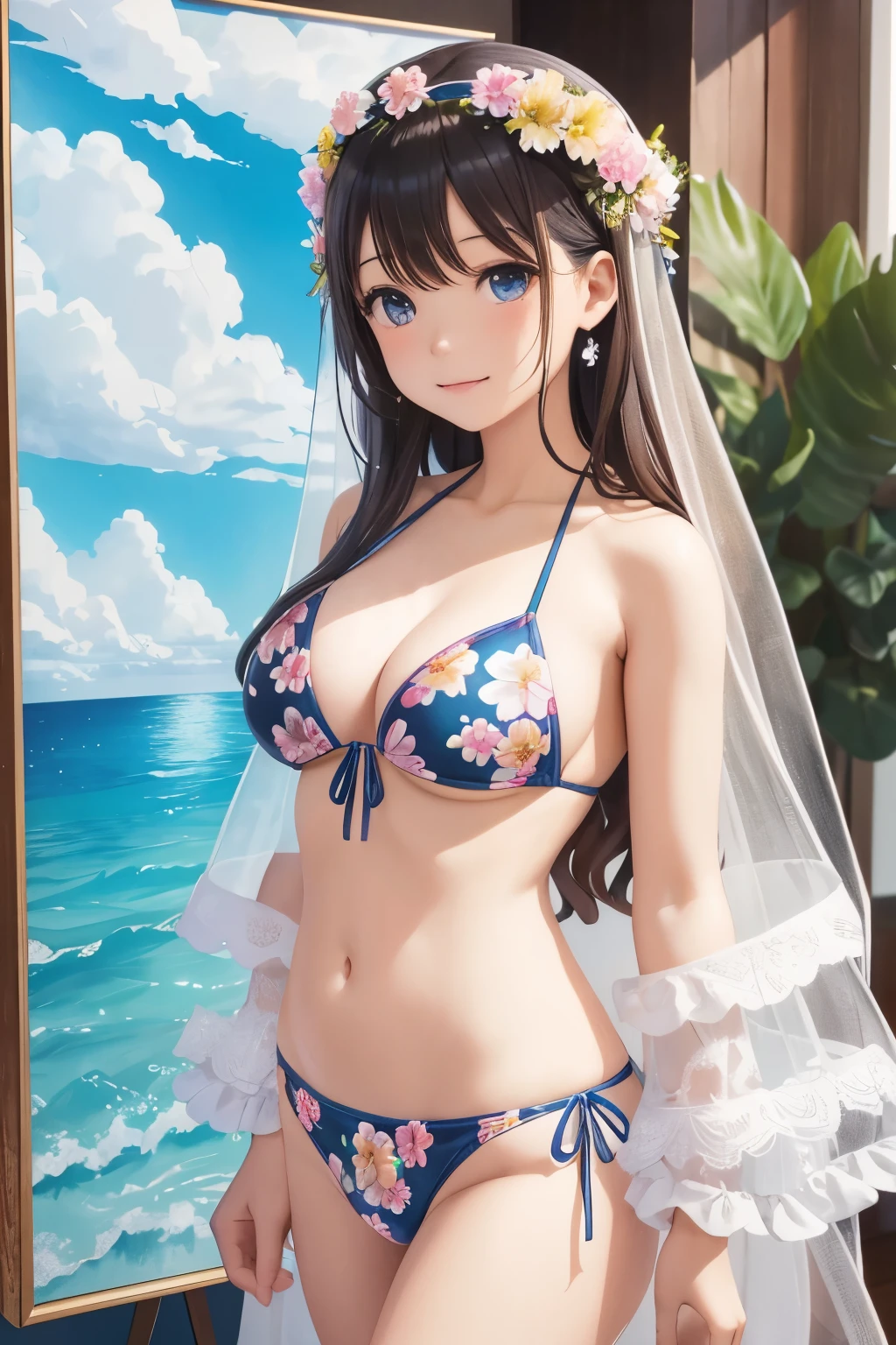 Photo realistic、Doll standing in front of the painting(Nendoroid)、頬にWater Drop、Joyful singing voice、rain、Watercolor Nendoroid、(High definition figure)、Flowing iridescent silk、Close-up of face、Eyes up、Bikini Swimwear(Floral)、There are flowers in front of the Nendoroid、petal、Water Drop、season!!: summer☀ 🍂