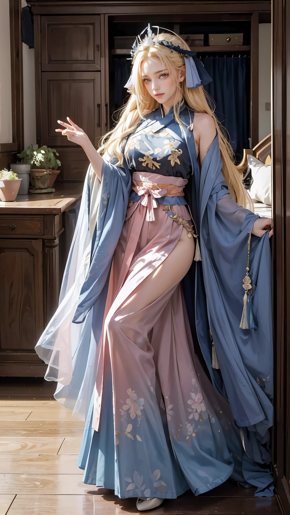 Best quality, masterpiece, ultra high res, raw photo, beautiful and aesthetic, deep shadow, fairy theme,(ultra detailed:1.3),
1girl, sexy pose, headdress, drill hair, long hair, blonde hair, gradient hair, yellow eyes, solo, huge breasts, big hair, blue hair, divine goddess, looking at viewer, indoors, modern bedroom, room full of curtain, astraea, full body, hanfu, long black shirt, floral print, long pink skirt, long sleeves.