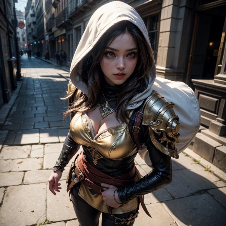 A full-body shot of depraved Princess Zelda, brown hair, blue eyes, dressed as an Assassin from Assassins Creed, in white+gold witha white mask and hood with gold details, XL bust, using a wrist blade. Background: A city during the renaissance period. Unreal Engine 5, Anime, Anime style, Masterpiece, Well drawn eyes, well drawn face, well detailed eyes, well detailed face, 8k, light and shadow effect.
