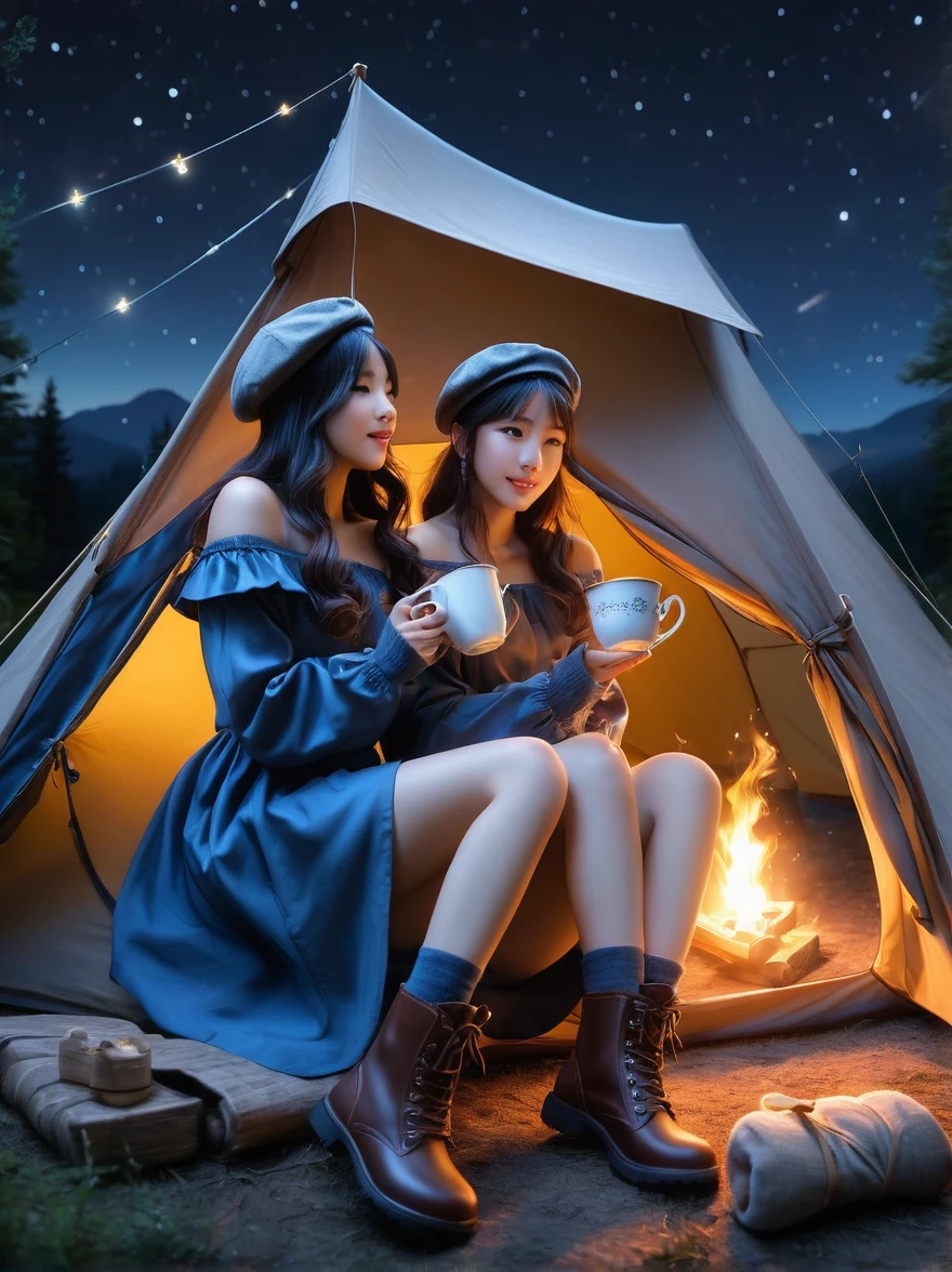 （8k，Highest quality，Maximum resolution，beautiful，8k，The award-winning，Fine details，Ultra Detail，Anatomically correct，Textured Skin，masterpiece），Vision，Wide Angle，Girls Camping，night，Starry Sky，Galactic Starlight，A cup of hot tea，Visible real steam，Holding the cup with both hands，(tent:1.5)，Berets，boots，Off-shoulder dress，Tea Steam，(tent焦点:1.5)