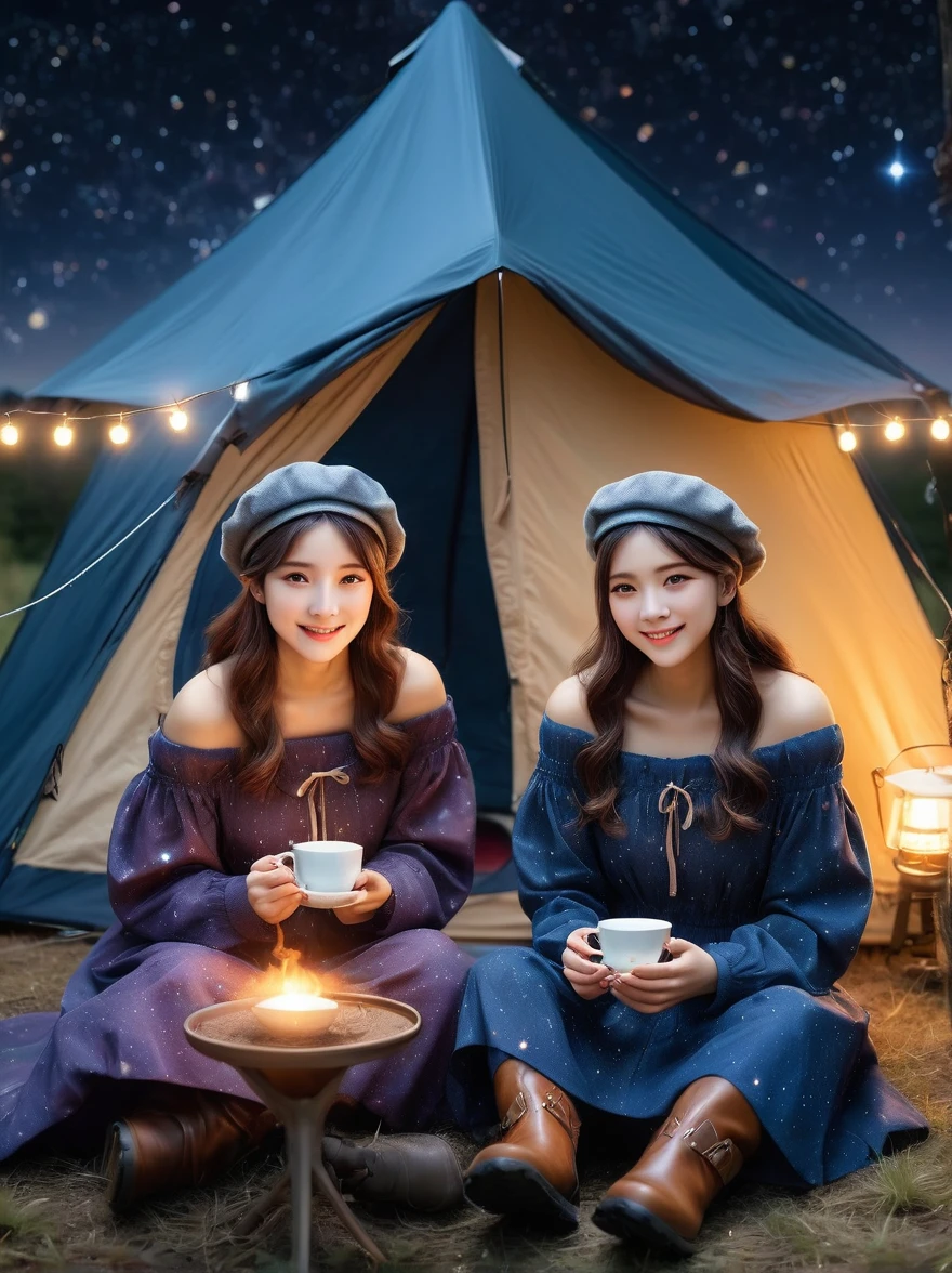 （8k，Highest quality，Maximum resolution，beautiful，8k，The award-winning，Fine details，Ultra Detail，Anatomically correct，Textured Skin，masterpiece），Vision，Wide Angle，Girls Camping，night，Starry Sky，Galactic Starlight，A cup of hot tea，Visible real steam，Holding the cup with both hands，(tent:1.5)，Berets，boots，Off-shoulder dress，Tea Steam，(tent焦点:1.5)