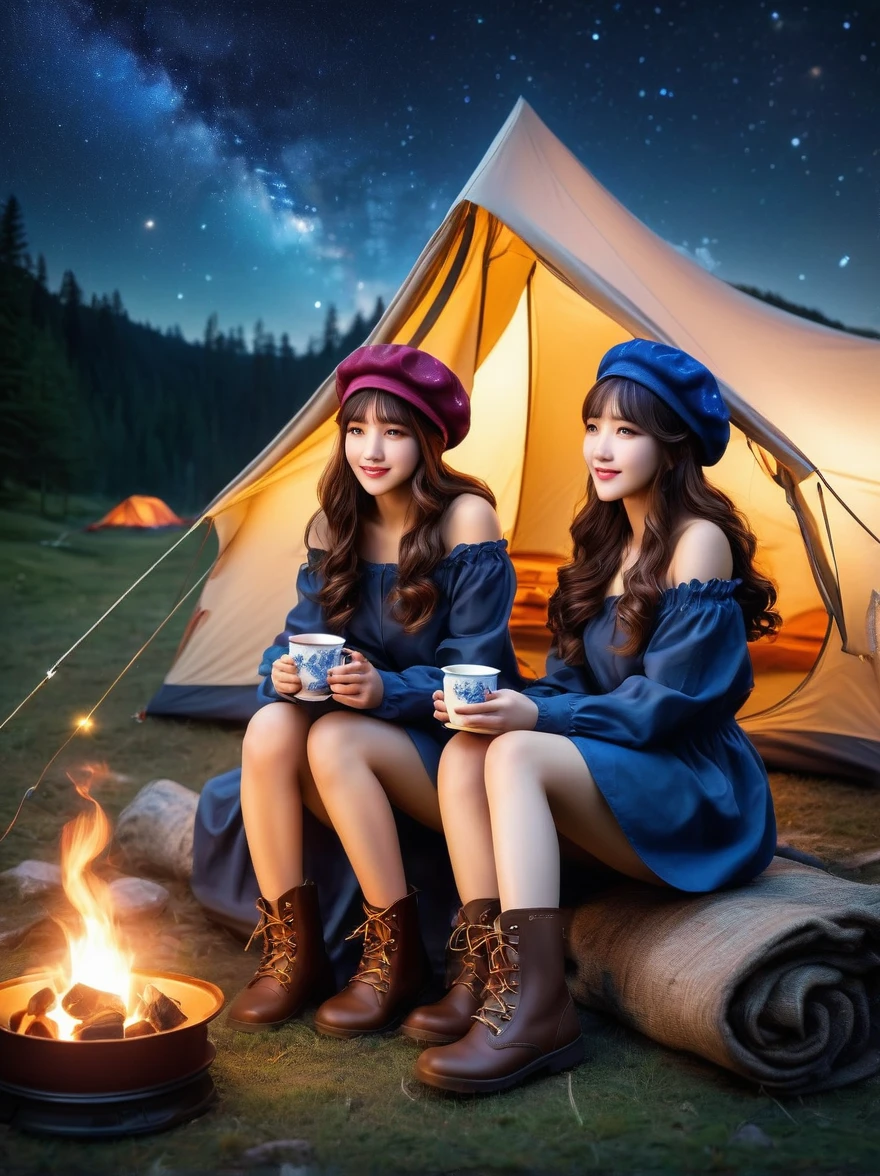 （8k，Highest quality，Maximum resolution，beautiful，8k，The award-winning，Fine details，Ultra Detail，Anatomically correct，Textured Skin，masterpiece），Vision，Wide Angle，Girls Camping，night，Starry Sky，Galactic Starlight，A cup of hot tea，Visible real steam，Holding the cup with both hands，(tent:1.5)，Berets，boots，Off-shoulder dress，Tea Steam，(tent焦点:1.5)