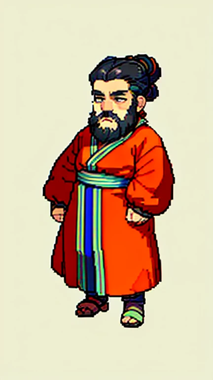 Old man in ancient Chinese costume、Wise Old Man、Looking into the camera、(Bun knot)、Long sleeve、Hanfu、Black Hair、Stand and pose、Pixel art、(masterpiece, highest quality, highest quality), pixel,pixel art,whole body,Characters in Romance of the Three Kingdoms、Transform、(beard)、Short Deformation、Old man with long beard