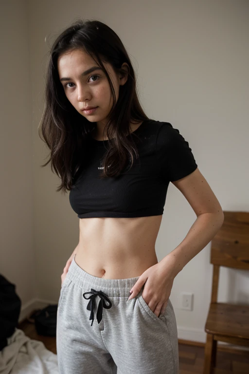 a girl with straight black hair wearing baggy pants