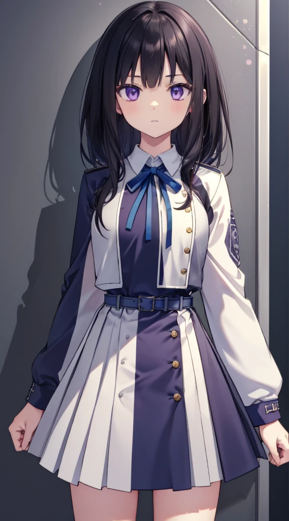 1girl 、Standing in front of the viewer、Takiuchi, Check it out, Long Hair, bangs, Black Hair, (Purple eyes:1.2), Break Shirt, Long sleeve, dress, ribbon, , White shirt, Collared shirt, belt, Neck ribbon, Blue dress, 緑のribbon, Pleated dress, grey dress, Two-tone dresses, Blue belt, Uniform sake, Outdoor rest, city, break (masterpiece:1.2), highest quality, High resolution, unity 8k wallpaper, (figure:0.8), (Beautiful fine details:1.6), Highly detailed face, Perfect lighting, Highly detailed CG, (Perfect hands, Perfect Anatomy),