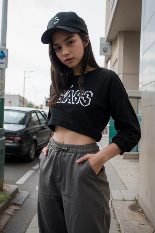 a  girl with straight black hair wearing baggy pants and a cap