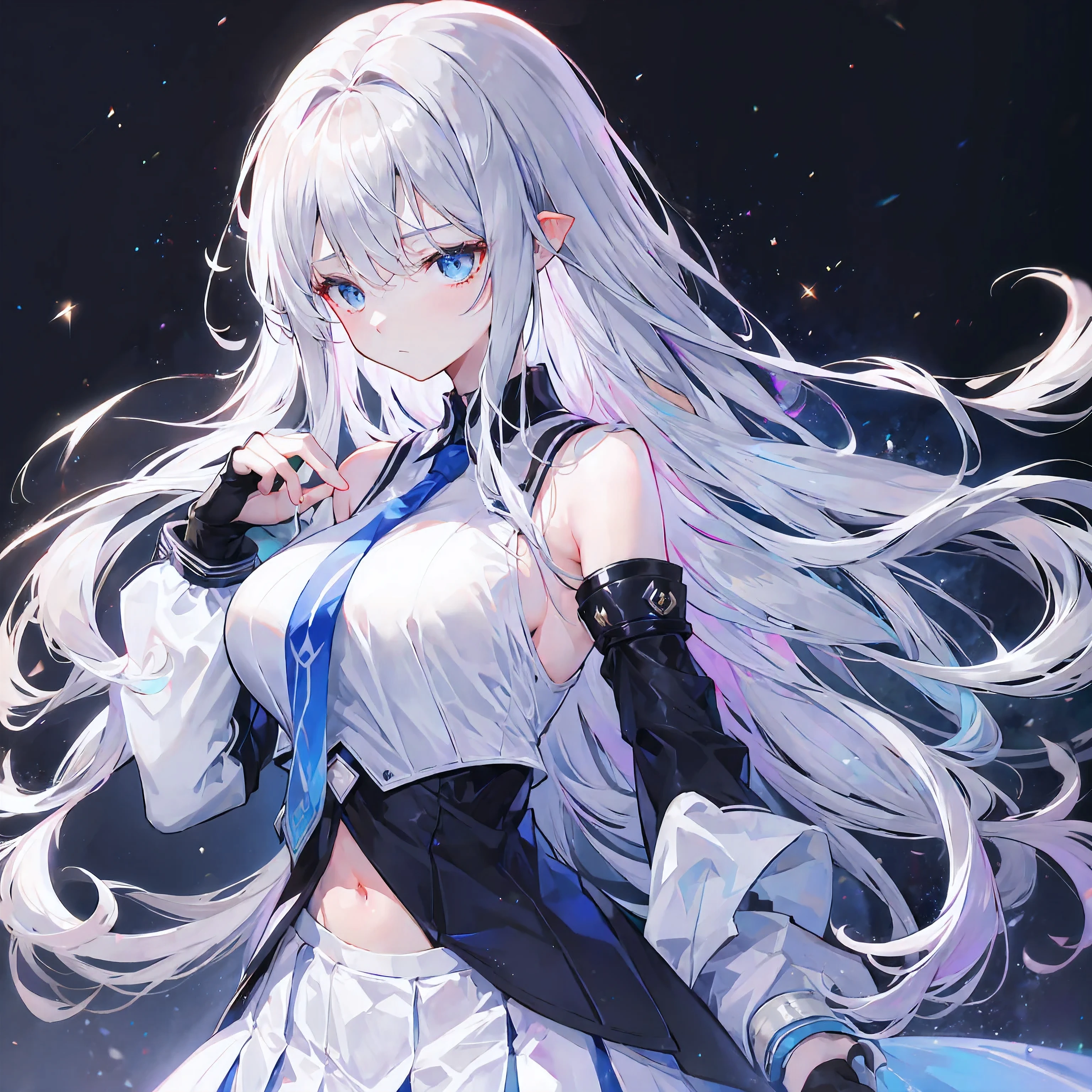 Light purple gradient hair,asymmetrical hair,((Thick hair 1.8,Clear head outline 1.6)), Shoulder-length hair, messy hair, Very long hair, shiny hair,(long gray hair:1.2),A beautiful girl,(White school uniform, Black skirt,Navel,Bare shoulders,Blue tie)(Separate sleeves,Wide sleeves),(Fingerless gloves),(Transparent clothes transparent 1.8),Perfect body,,(Looks sad,Looks haggard ,Grief,shut your mouth:1.2) With dark forest background,(round,Room, Firm breasts),Upper body photo。(avatar)
