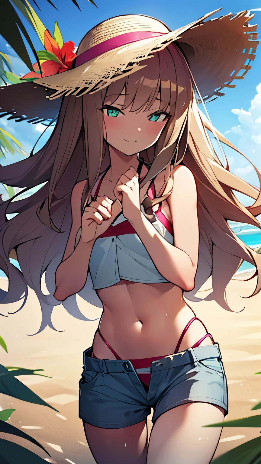 A tropical dream bud,A tropical dream bud　sss Dynazenon ,brown hair,long hair,green eyes,big straw hat,smile,blush,hibiscus hair ornament,blue bikini swimsuit,barefoot,While walking along the sandy beach,Sky blue hair fluttering in the wind,(cowboy shot:1. 5)
rest outdoors, sandy beach,seaside, (masterpiece:1.2), highest quality, High resolution, unity 8k wallpaper, (shape:0.8), (thin and beautiful eyes:1.6), highly detailed face, perfect lighting, Very detailed CG, (perfect hands, perfect anatomy),