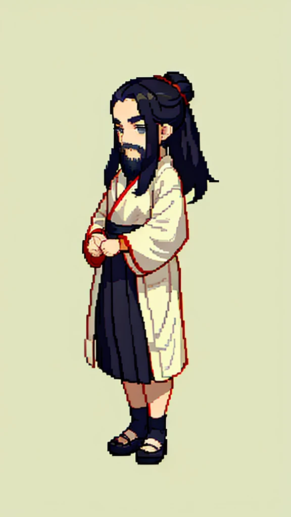 Old man in ancient Chinese costume、Wise Old Man、Looking into the camera、Her hair is tied up in a bun、Long sleeve、Hanfu、Black Hair、Stand and pose、Pixel art、(masterpiece, highest quality, highest quality), pixel,pixel art,whole body,Characters in Romance of the Three Kingdoms、Transform、(beard)、Short Deformation、Old man with long beard