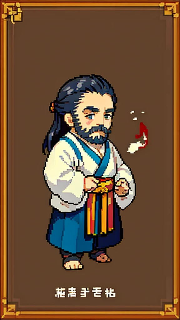 Old man in ancient Chinese costume、Wise Old Man、Looking into the camera、Her hair is tied up in a bun、Long sleeve、Hanfu、Black Hair、Stand and pose、Pixel art、(masterpiece, highest quality, highest quality), pixel,pixel art,whole body,Characters in Romance of the Three Kingdoms、Transform、(beard)、Short Deformation、Old man with long beard