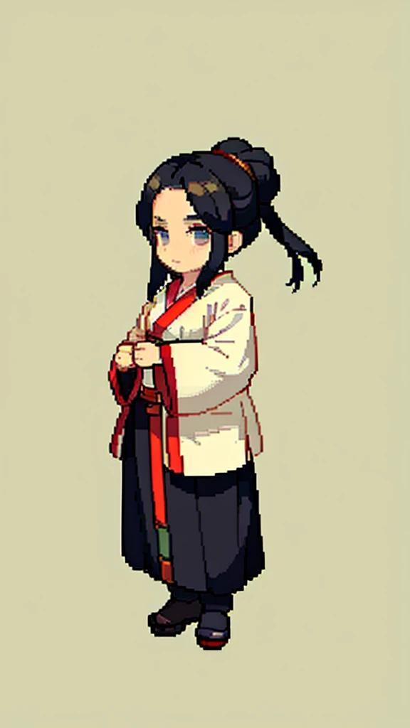 Old man in ancient Chinese costume、Wise Old Man、Looking into the camera、Her hair is tied up in a bun、Long sleeve、Hanfu、Black Hair、Stand and pose、Pixel art、(masterpiece, highest quality, highest quality), pixel,pixel art,whole body,Characters in Romance of the Three Kingdoms、Transform、(beard)、Short Deformation、Old man with long beard