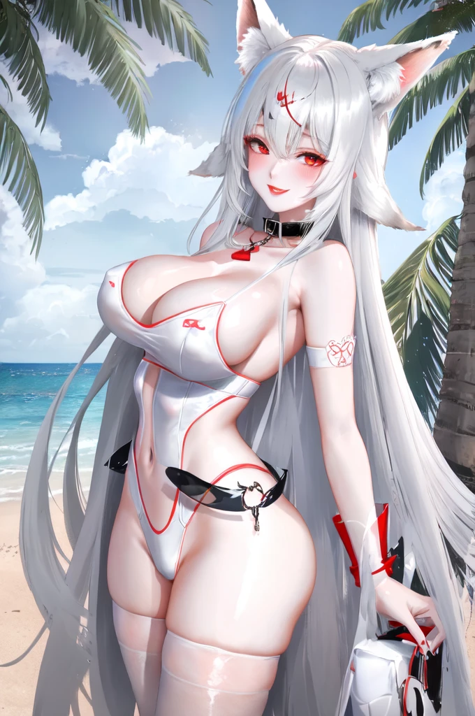 1 girl、red lips,White lace bikini,White socks,Slim,Large Breasts,The facial details are extremely detailed, Smile,handcuffs,collar,Black long hair, Charming red eyes, Fox ears, Ridiculously big, radiant skin,Standing on the beach,ocean,seawater,coconut tree