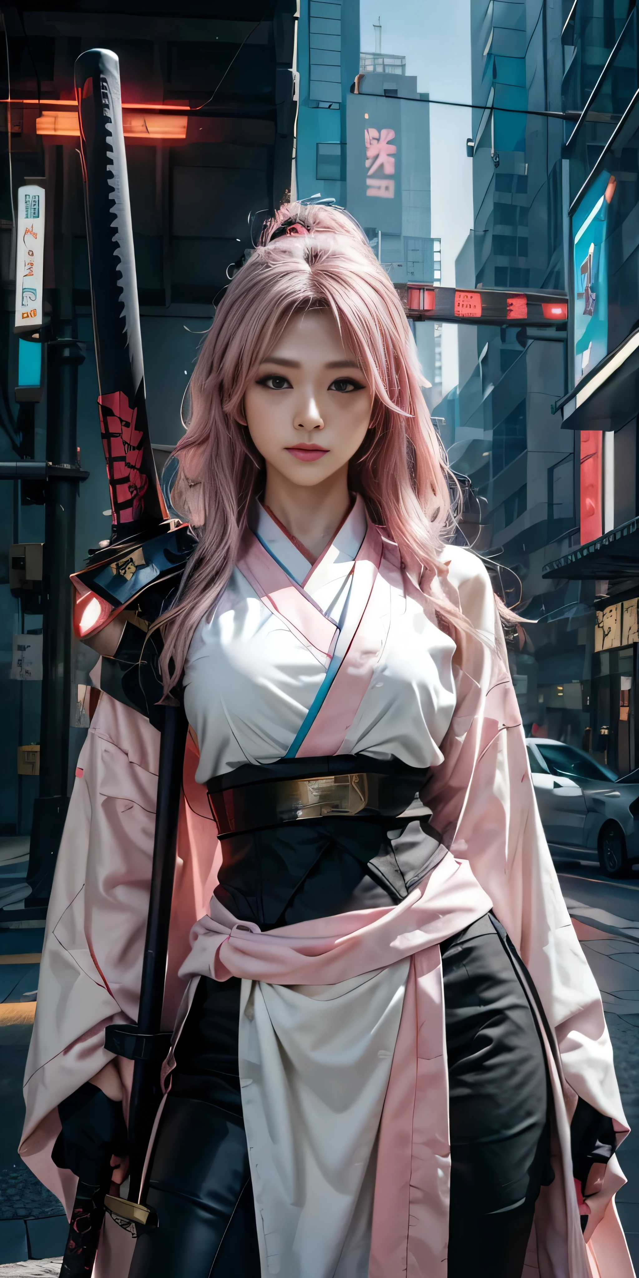 arafed woman in a pink kimono with a sword in a city, very beautiful cyberpunk samurai, anime girl cosplay, anime cosplay, anime style mixed with fujifilm, haruno sakura, anime inspired, anime girl in real life, anime style. 8k, cosplay, anime style 4 k, female cyberpunk anime girl, cyberpunk anime girl, wearing japanese techwear