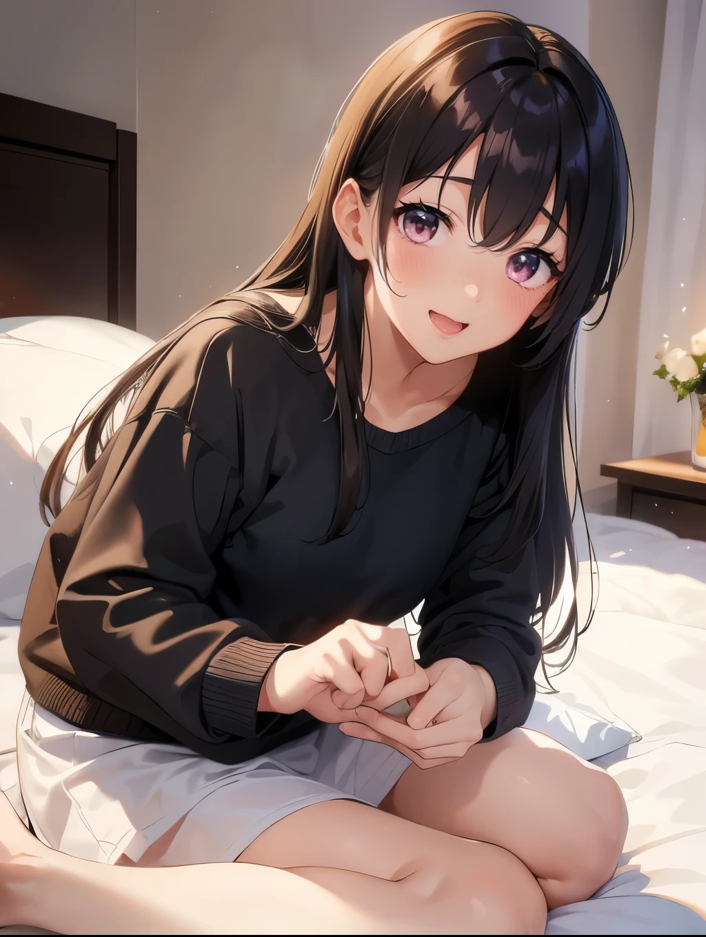Black hair that looks brown when exposed to light、Brown eyes、girl,19 years old、shining brown eyes、smile、Open your mouth、bedroom、Beautiful white duvet、Gentle lighting、Use the bed as a chair、1 person、Around 11 p.m.、Four fingers on each hand