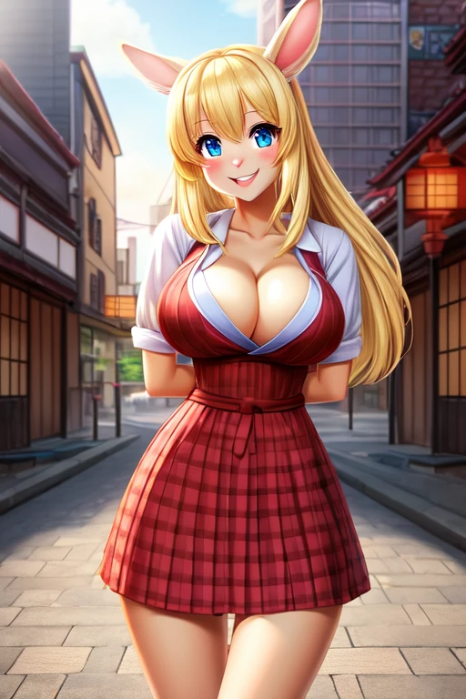 Rabbit girl High school student, solo, female, blonde hair, blue eyes, smiling, big breasts, cleavage, slim, small waist, small hips, japanese city, brick road, hands behind back, happy, looking at viewer, high quality