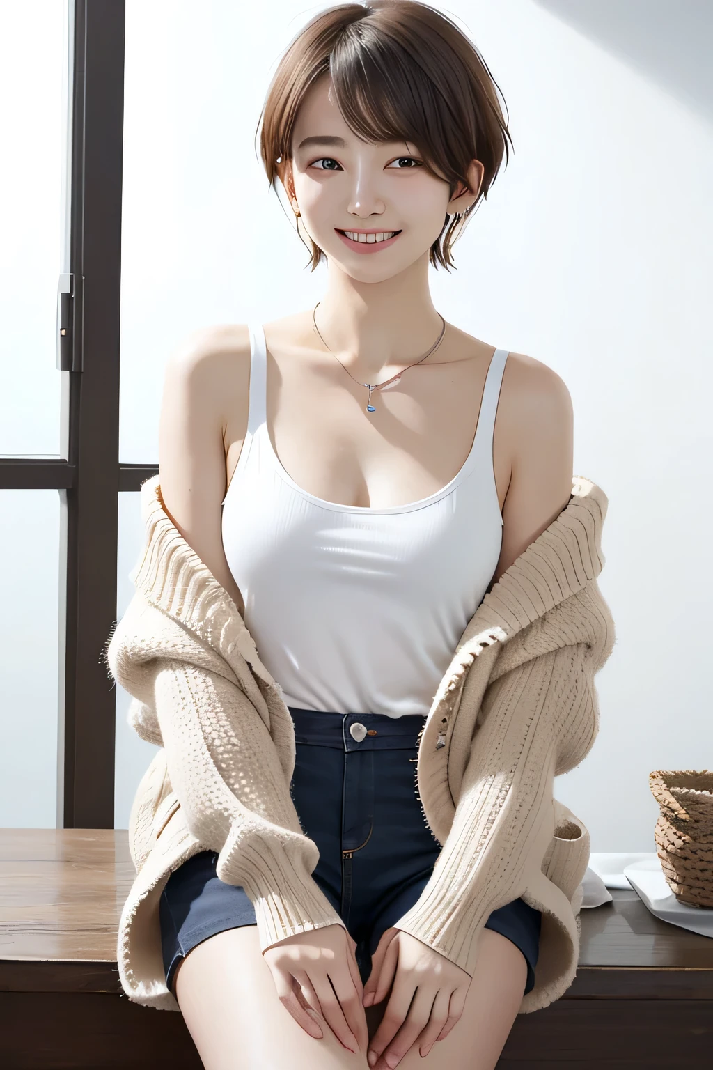 205 ((short hair)), 20-year-old female, In underwear、Put a cardigan over your shoulders、 A refreshing smile、Beautiful teeth alignment、Dark eyeliner、Dark brown hair、ear piercing、Necklace around the neck、Looking at the camera