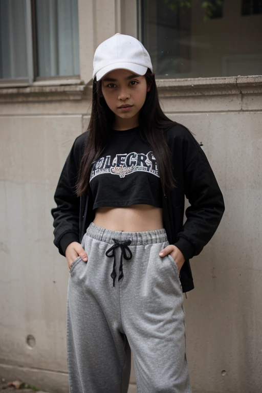 girl with straight black hair wearing baggy pants and cap