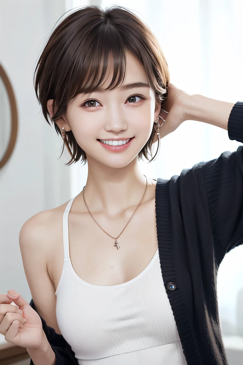 205 ((short hair)), 20-year-old female, In underwear、Put a cardigan over your shoulders、 A refreshing smile、Beautiful teeth alignment、Dark eyeliner、Dark brown hair、ear piercing、Necklace around the neck、Looking at the camera