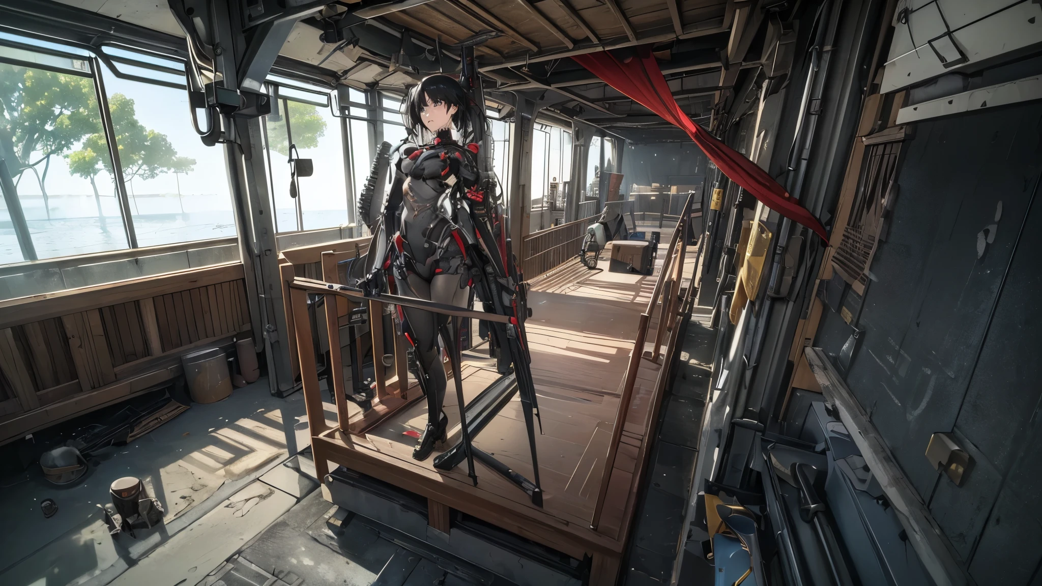 ((8K resolution))、((highest quality))、((masterpiece))、((Very detailed))((((dramatic))), (Anatomically correct)、The depth of the object to write、Looking at the camera、front、(Mechanical bones格、Mechanical boneechanical Cervical Vertebra、Long and thin、lipstick、Spit sludge from the mouth、Bloody)、spooky、an ominous、((theme、whole body:1.1)), SF、rifle、Biomechanics、Design、background:Maintenance Dock