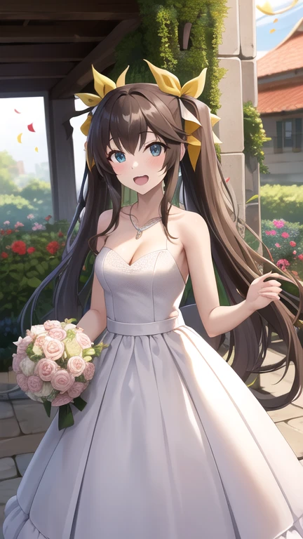 masterpiece, best quality, highres, Huang Lingyin, long hair, twintails, hair ribbon, small breasts, wedding dress, cleavage, necklace, white dress, garden, standing, holding bouquet, open mouth, smile, confetti,