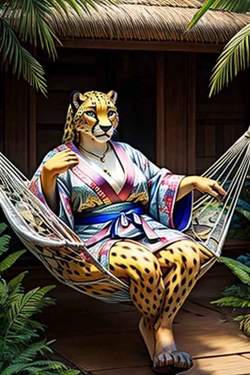 Fat female cheetah, hammock, kimono, silver jewelry